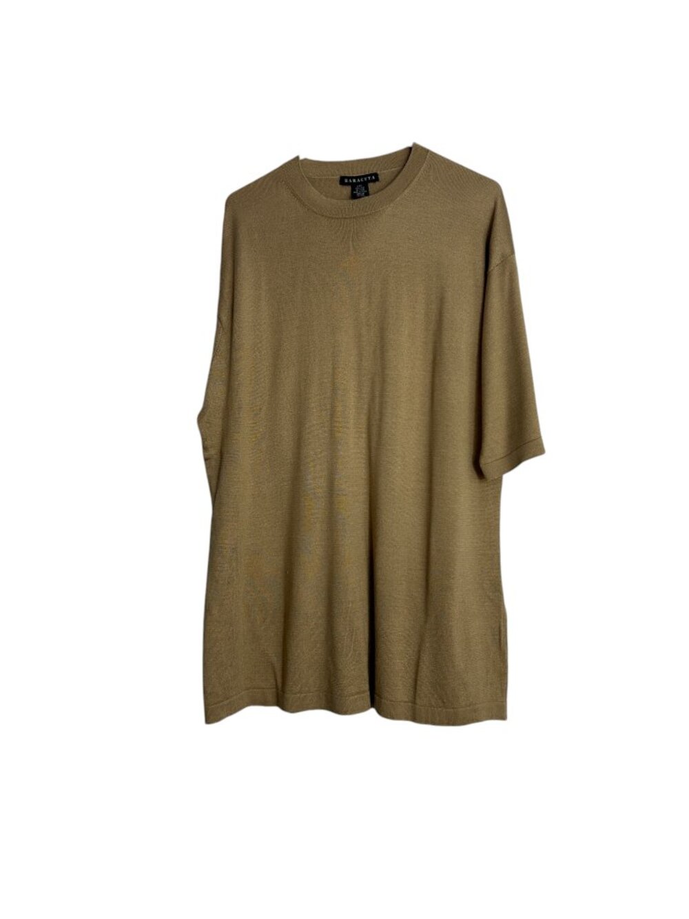 Baracuta 100% Silk 4 Ply Knit Shirt Tan Crew Neck Short Sleeve Pullover
